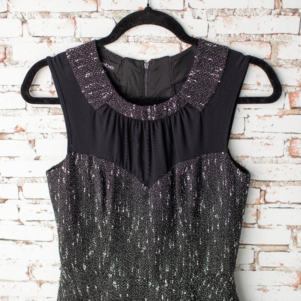 bebe Black Metallic Tweed Fit Flare Dress Size 2 Sleeveless Exposed Zip Fringe - Picture 2 of 9